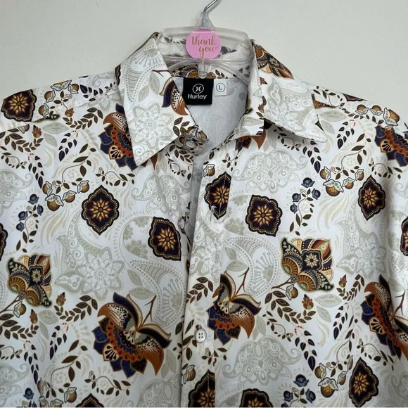 Hurley Men's White, Brown and Navy Patterned Shirt~ Size Large ~ Business Casual - Picture 2 of 7